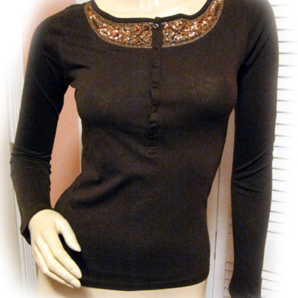Y2K Vintage New Brown Long Sleeve Henley Top Gold Sequin Fairy Grunge Streetwear - Picture 3 of 7